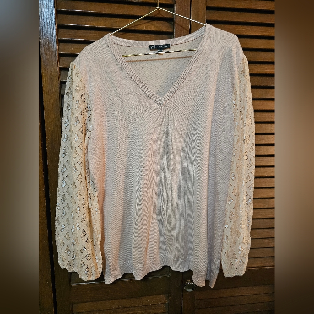 Adrianna Papell V-neck knit sweater in pearl blush color with heart Lace Sleeves
